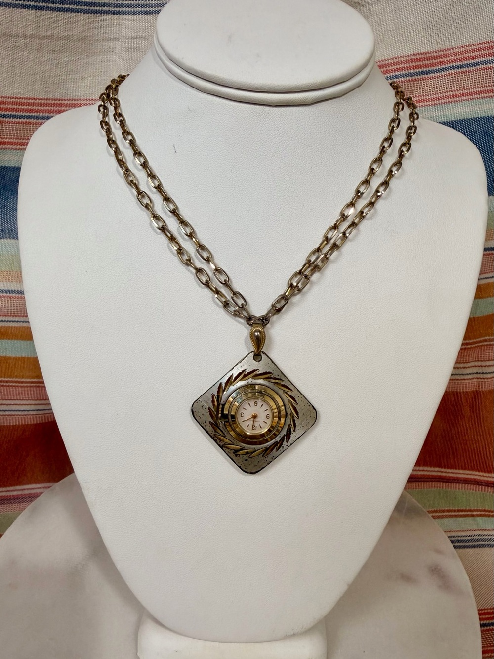 Antique Gold-Tone Pendant Necklace with Watch Dial -30”